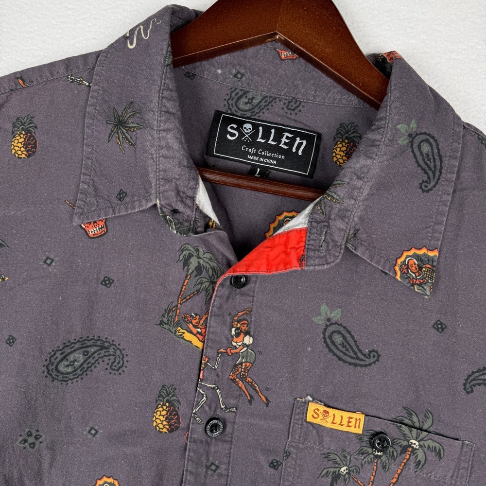 Sullen Choloha Party Woven Shirt Mens L Grey AOP Short Sleeve Skull‎ Palm Trees